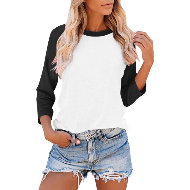 Plebaso Chandails pour Femmes à Manches 3/4, Col Ras du Cou, Blouses Décontractées, T-Shirts Amples à Blocs de Couleur Patchwork