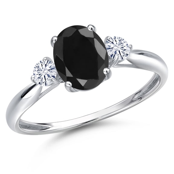 Gem Stone King 10K White Gold Black Sapphire and White Moissanite 3-Stone Ring for Women | 1.86 Cttw | Oval 8X6MM | Gemstone September Birthstone | Size 8