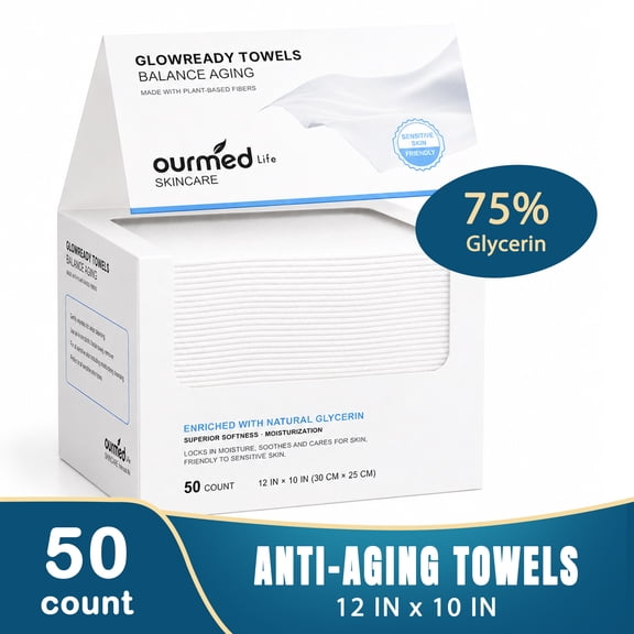 Ourmed Life 50Ct Large Thick Face Disposable Towels 12''x10'' Plant-Based Aging Unscented Dry Facial Washcloths with Glycerin for Sensitiveness