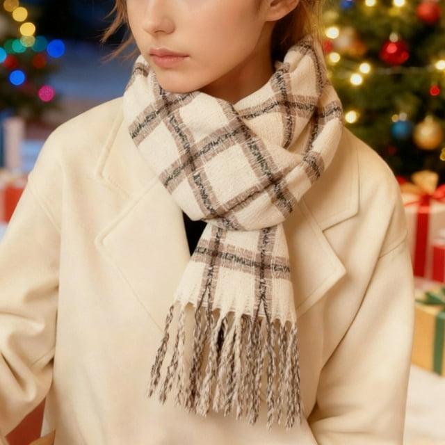 Bufanda de invierno cálida para mujer, tipo chal grande, ideal para clima frío. Bufanda larga de punto grueso a cuadros marrón y negro. Manta tipo bufanda con flecos, suave y ligera, unisex.