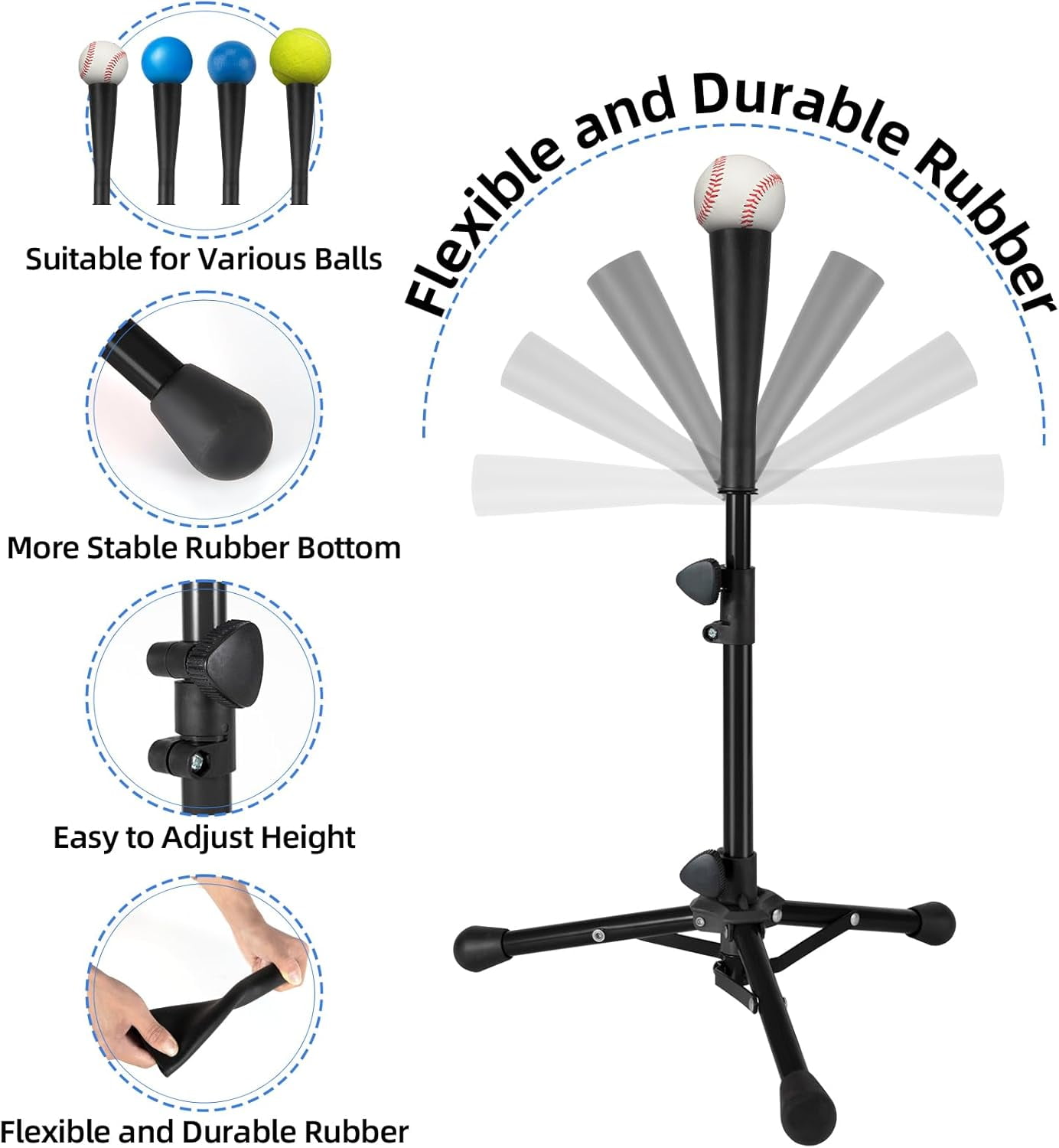 Baseball Tee For Kids, Easy Adjustable Batting Tee From 20.85 to 31.30 Inches. Black Foldable Baseball Tees for Hitting with Portable Bag. Softball Tee for Children Aged 3-10 Baseball Training