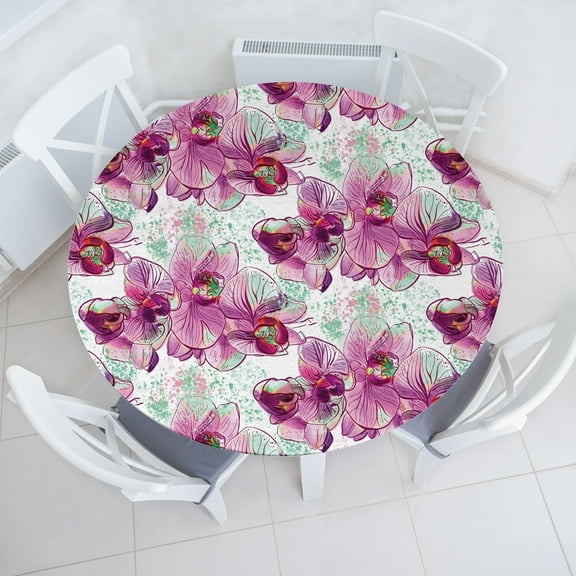 Ambesonne Floral Fitted Round Tablecloth, Vintage Phalaenopsis Orchids, 40"- 44" Diameter, Pale Purple Soft Pink