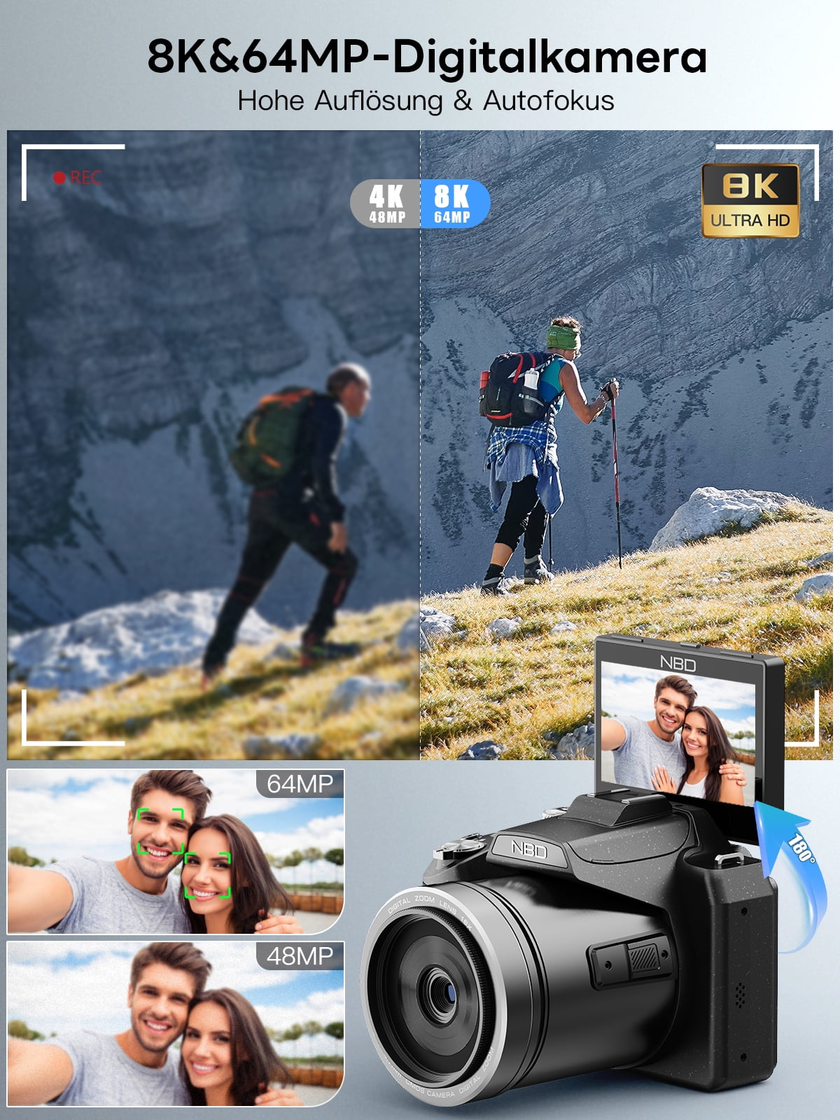 NBD 8K Digital Camera for Photography, 64MP Autofocus Camera with WiFi & App Control, 16X Zoom, Anti-Shake, Flash, SD Card and 2 Batteries