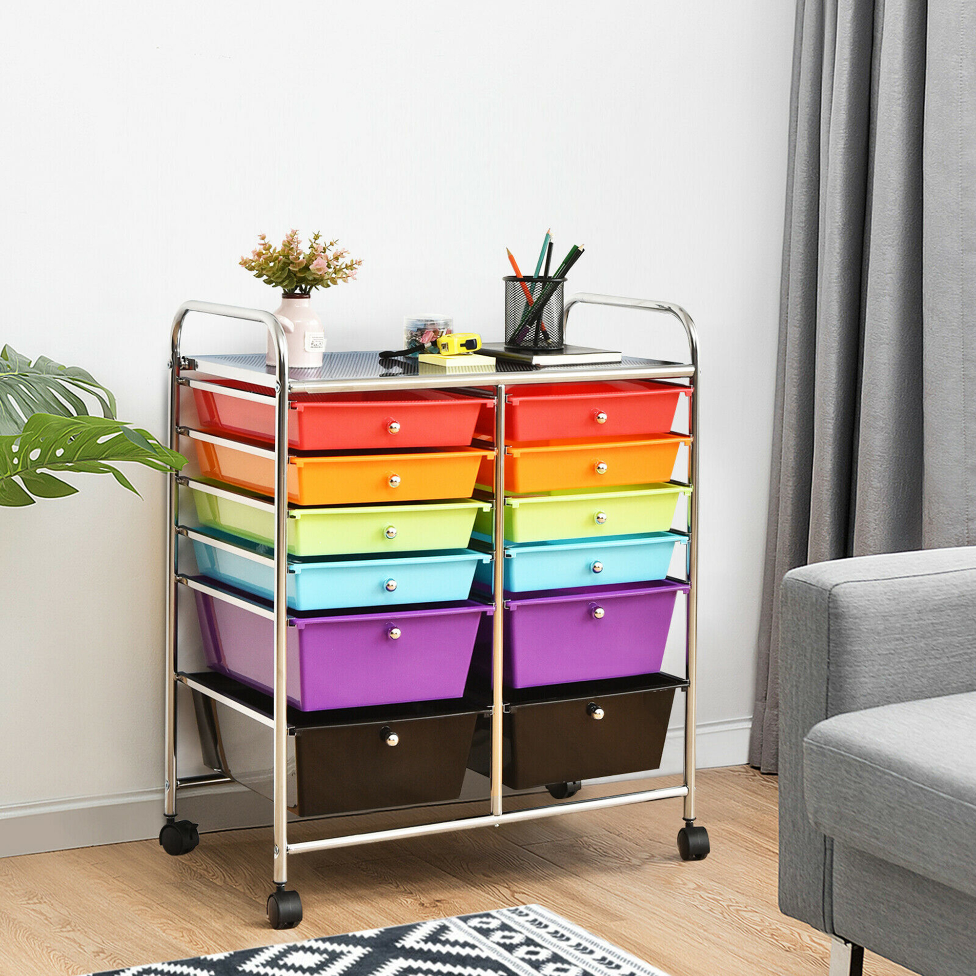 Gymax 12 Storage Drawer Studio Organizer Bins Rolling Cart
