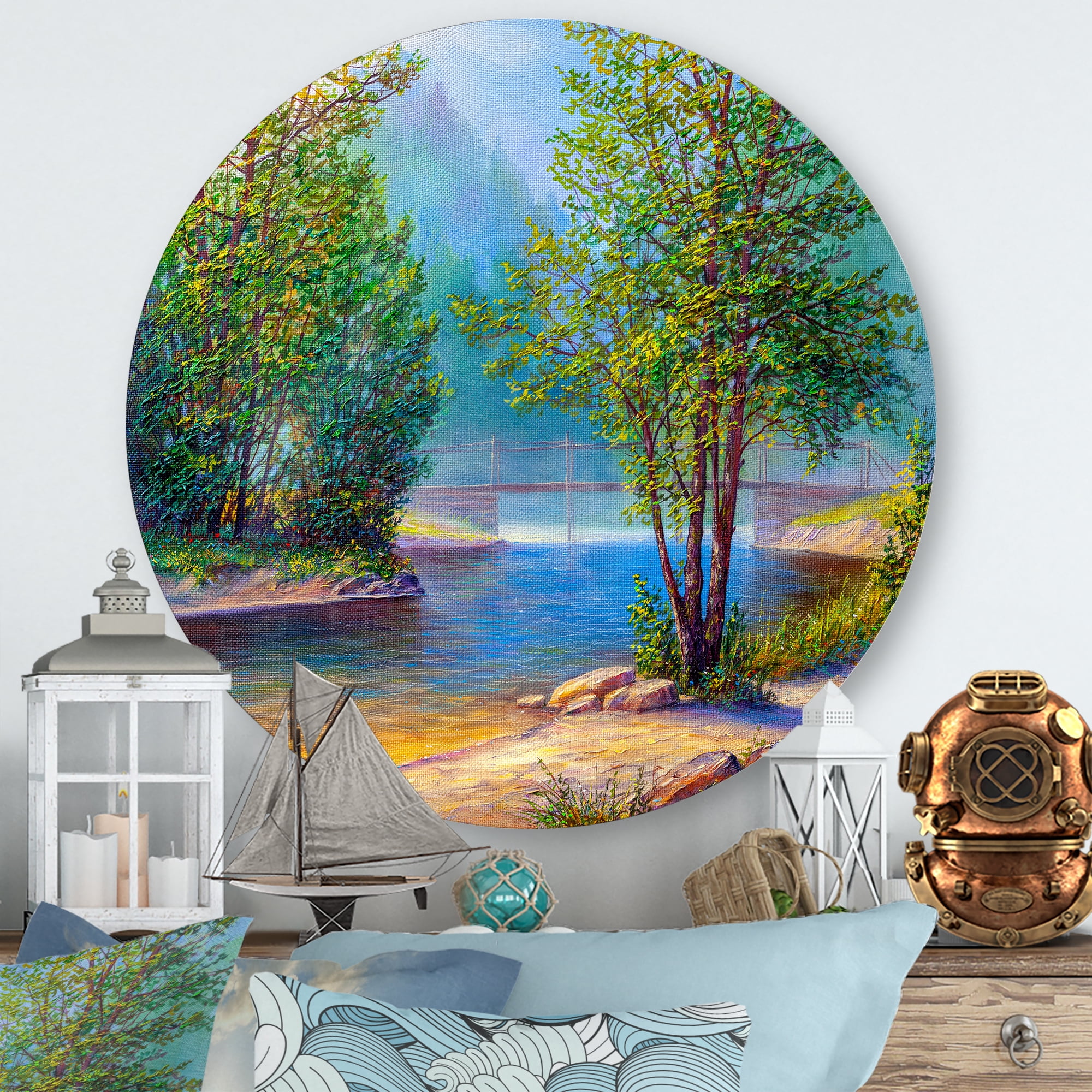 Designart 'Green Trees By The Bridge Over River' Traditional Circle Metal Wall Art 23x23 - Disc of 23