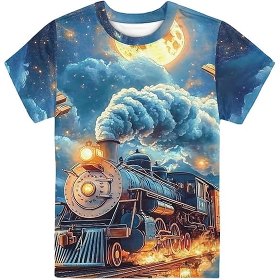 Kiijoy Little Boys T Shirt Train Graphic Tee Short Sleeve Casual Tshirt, Grey, Sizes 5-6
