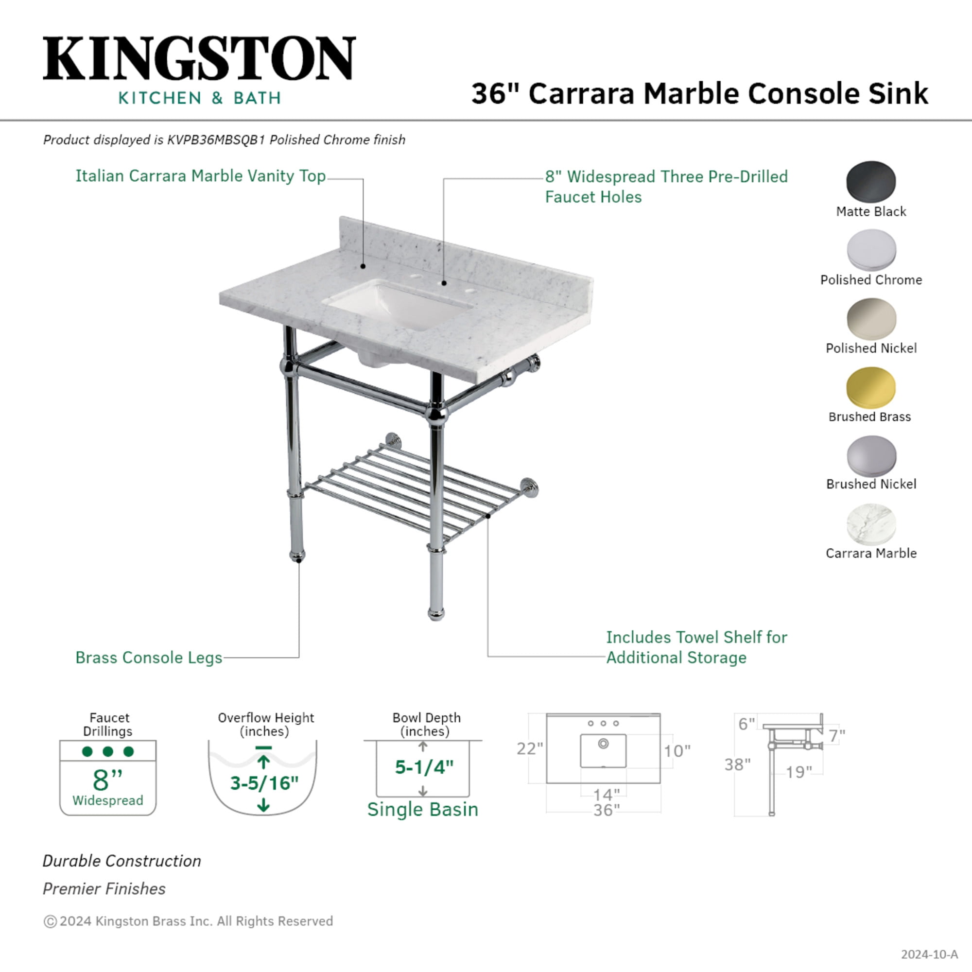 Kingston Brass KVPB36MBSQB0 Templeton 36" Carrara Marble Console Sink with Brass Legs and Shelf (8-Inch, 3-Hole), Carrara Marble White/Matte Black
