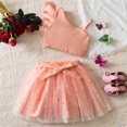 thumbnail image 2 of Odeerbi 3-8 Years Kids Girls Summer Outfits Rib Knit One Shoulder Cropped Tops with Sparkly Tulle Skirt Two-piece Set Ruffled Lace Bow Princess Skirt Kids Girls Clothes, 2 of 5