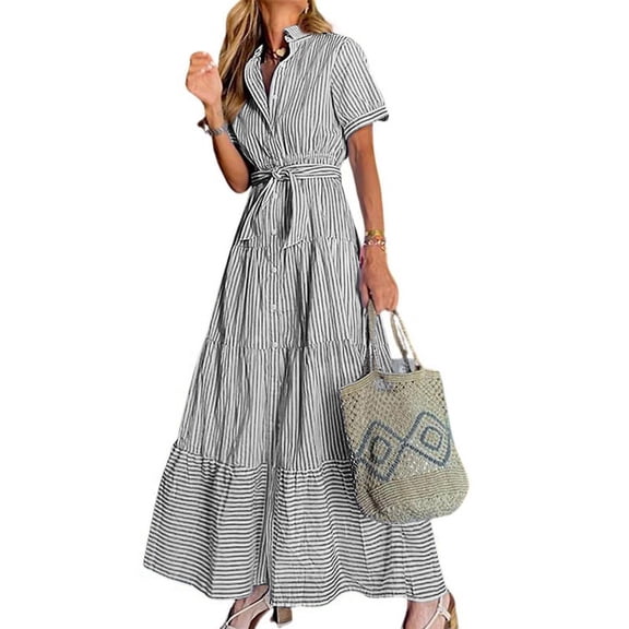 sicmoss Women's Black Striped Short Sleeve Button Front Maxi Shirt Dress Tie Waist Tiered Ruffle with Slit and Pockets