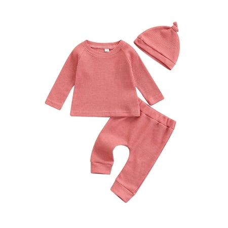 

Canrulo 3pcs Lovely Baby Girls Boys Clothes Solid Color Long Sleeve Pullover Tops Pants Hat Sets Pink 9-12 Months