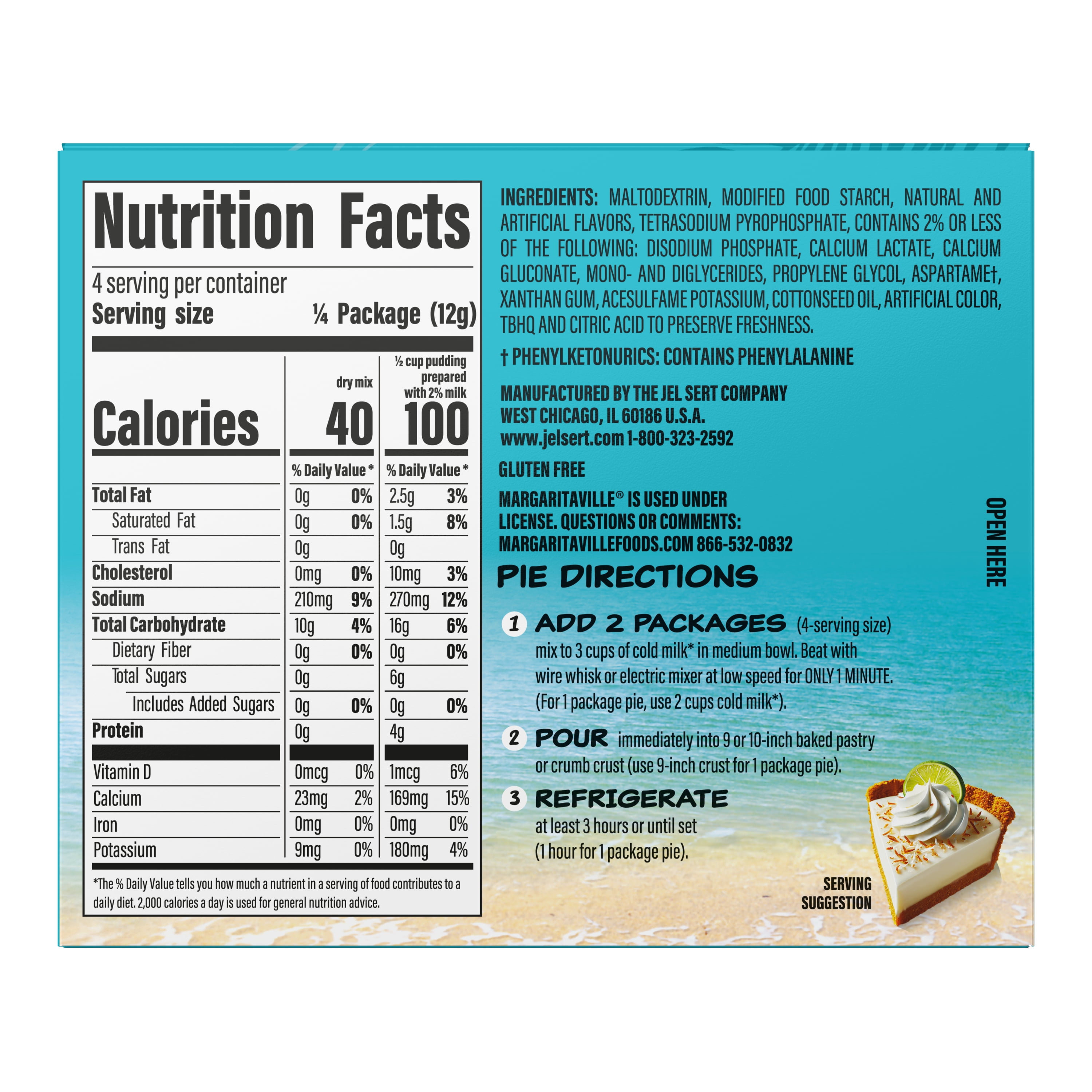 (6 pack) Margaritaville Coconut Key Lime Sugar Free Instant Pudding Mix and Pie Filling, 4 Servings, 1.70 oz Box