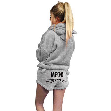 

Women Plush Pajamas Set Thick Hoodie Long Tops+Embroidery Shorts Sleepwear Homewear L 2