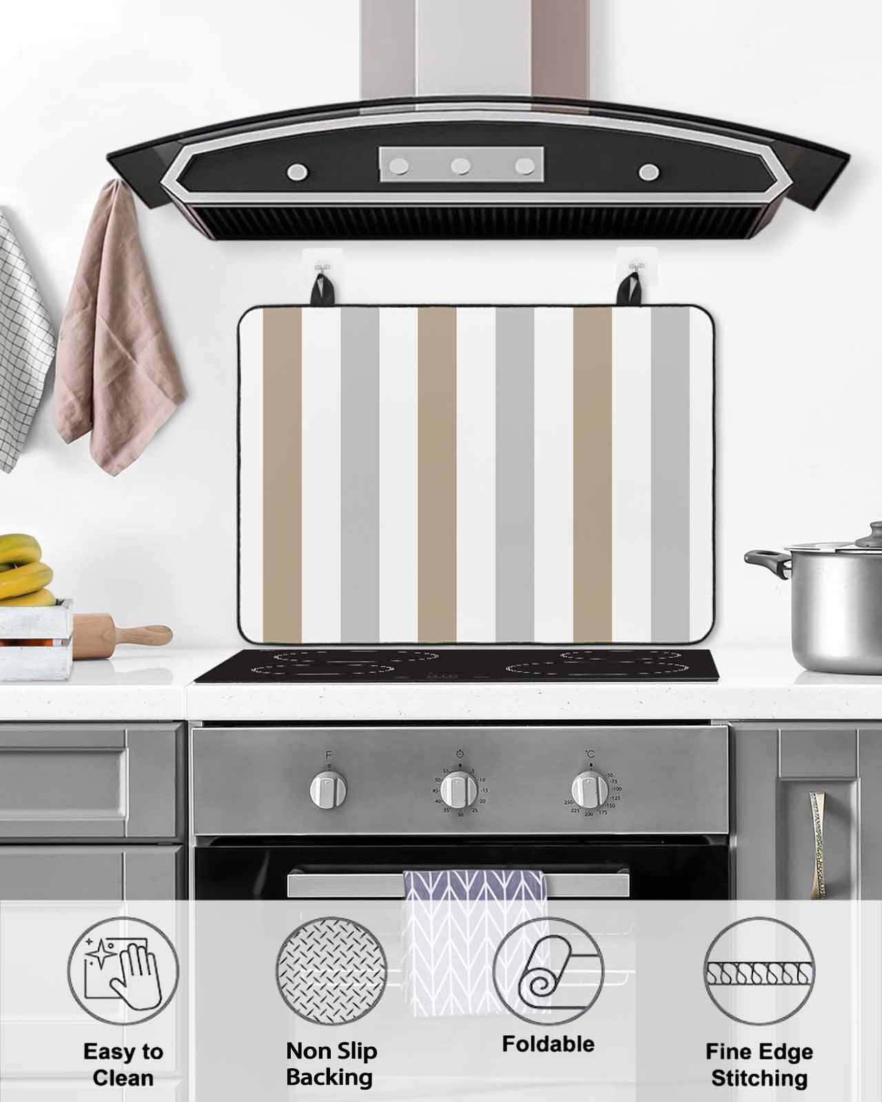 nqOlkjepod Large Induction Cooktop Protector Mat 24"x21", Brown Grey Striped Stove Top Covers for Electric Stove, Geometric Vertical Stripes White Stove Burner Cover Mats, Glass Top Stove Cover