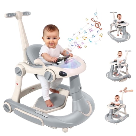 5 in 1 Baby Walker for Boys Girls Foldable Music Light Jumper Rocking Push Height Adjustable Training Activity for Babies Infant 6-18 Months Grey