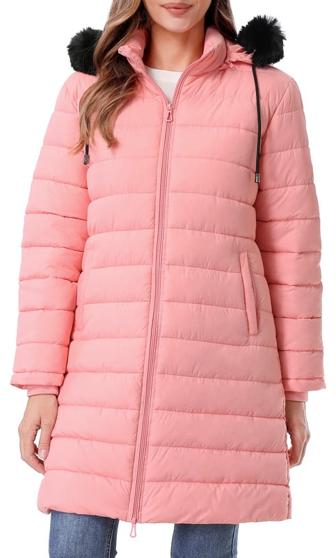 Women's Long Winter Coats Thicken Fleece Lined Parka Down Puffer Jacket With Faux Fur Detachable Hood, Pink L