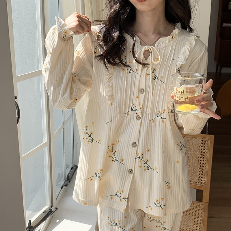 REDHOTYPE Women s Cotton Knit Pajamas Casual Wear Long Sleeves Cute Gentle Feminine Prints Fashion Homewear Pajamas Party
