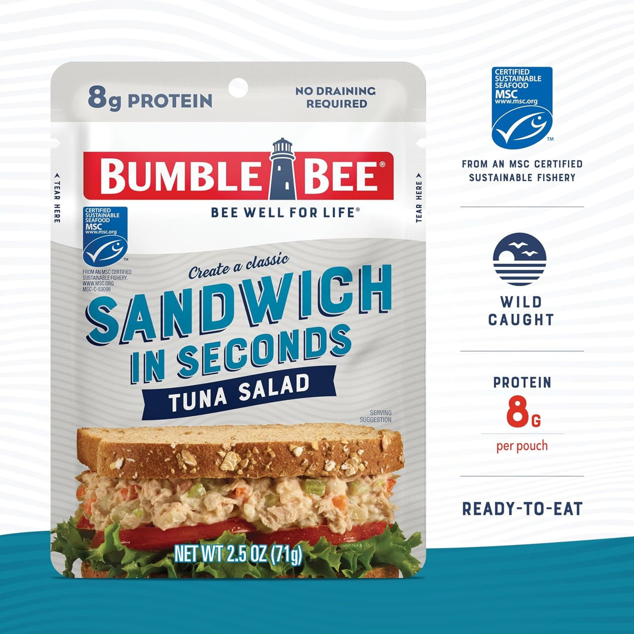 (3 pack) Bumble Bee Tuna Salad Sandwich in Seconds, Wild Caught, Gluten Free, 8g Protein per Serving, Ready to Eat, Shelf-Stable Pouch, 2.5 oz