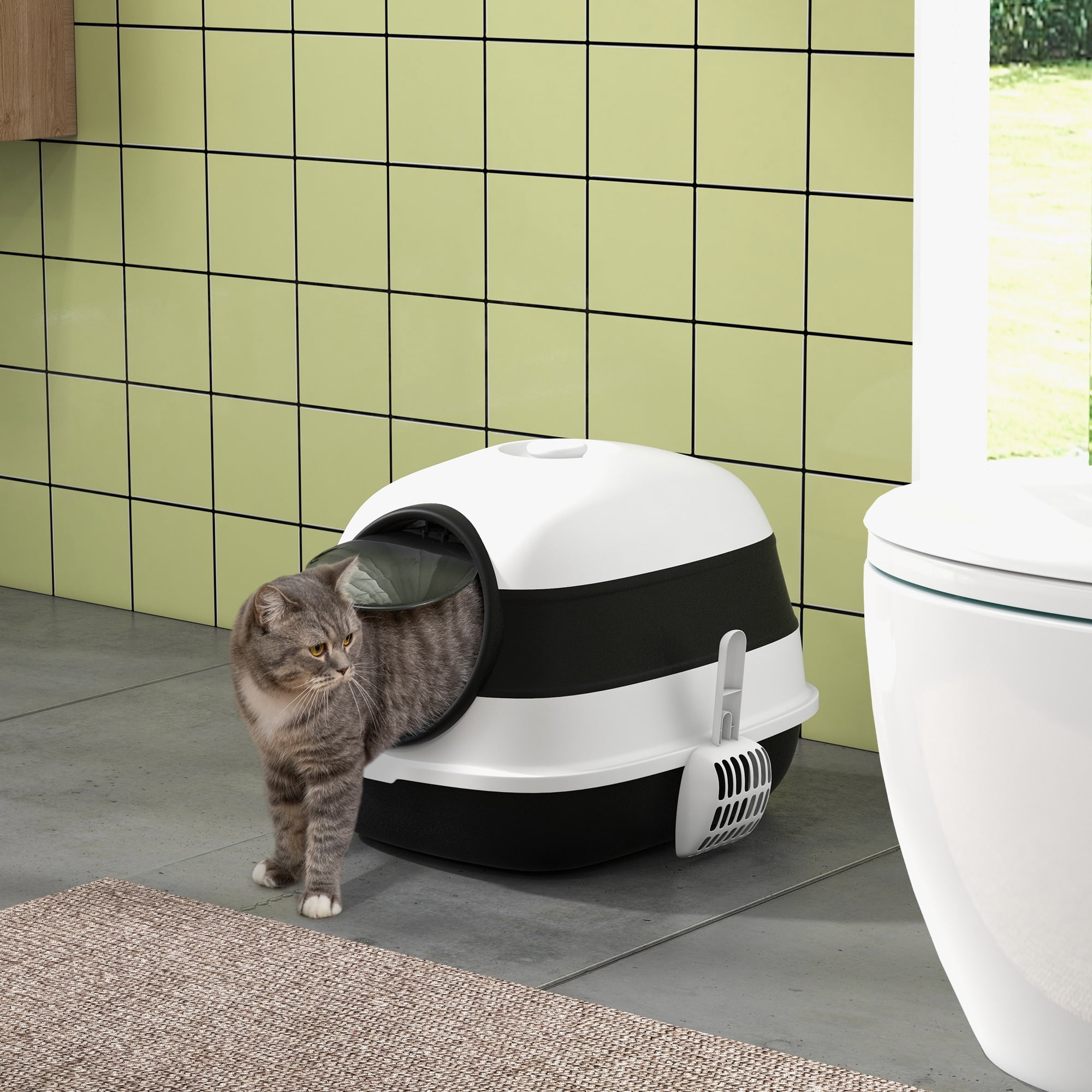 Covered Cat Litter Box with Lid, Foldable Enclosed Litter Box with High Sides, Air Freshener & Scoop, Two-Way Entrance Anti-Splash Kitty Litter Box Easy Clean for Cats Up to 10lbs, White Black