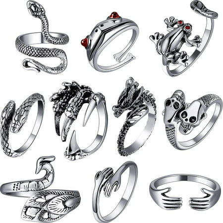 10 Pieces Adjustable Silver Frog Ring Set Vintage Punk Gothic Silver Black Rings  Animal Ring Hug Finger Rings Chinese Dragon Snake Dragon Claw Skull Rings |  Walmart Canada
