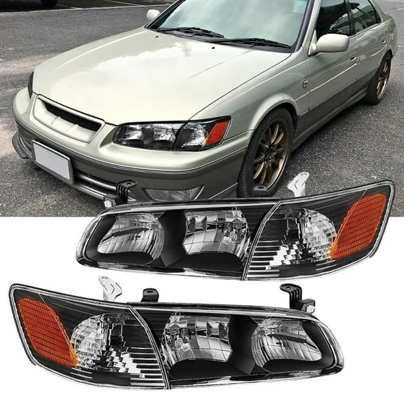 Nilight Headlight Assembly Compatible with 2000 2001 Toyota Camry Replacement Headlamp Black Housing Amber Reflector Driver and Passenger Side