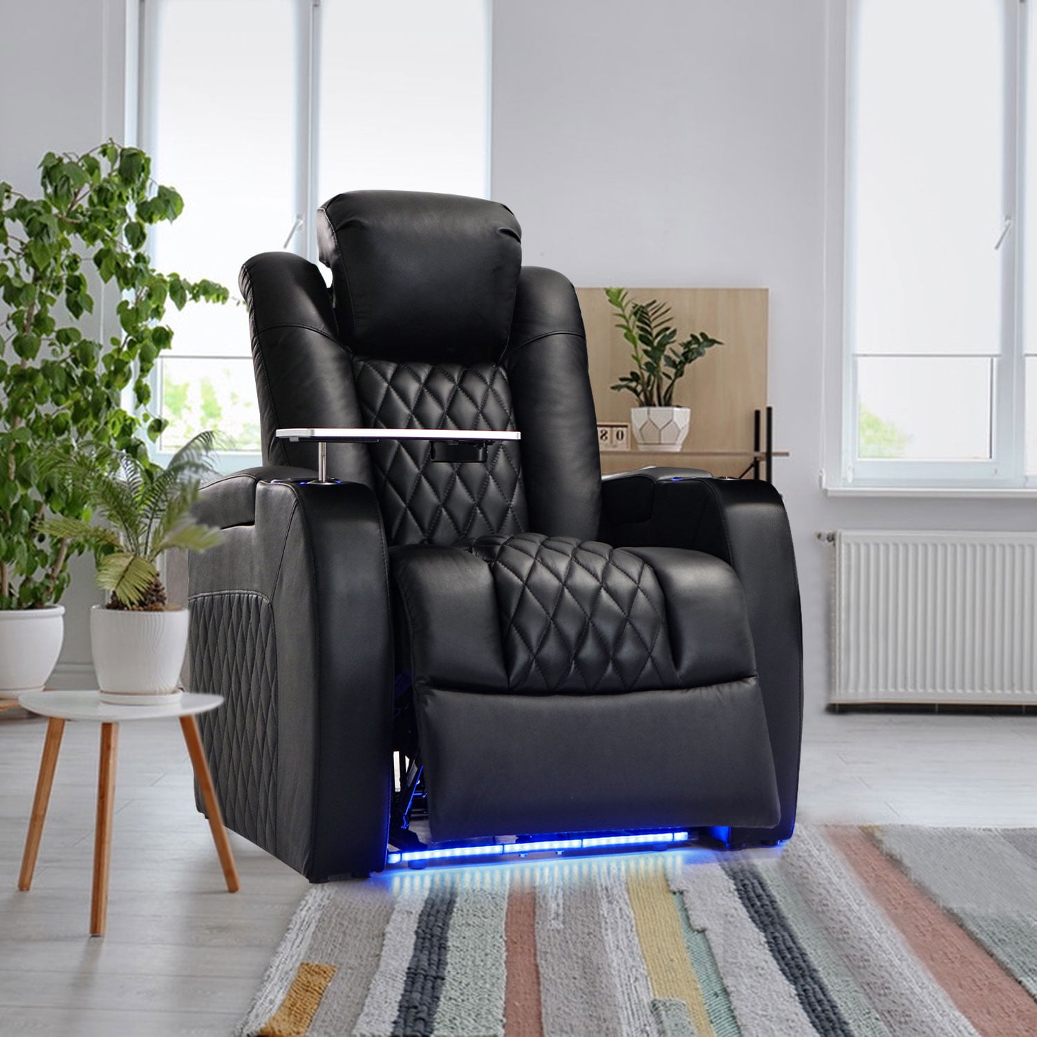 Weilianda Home Theater Seating Top Grain Leather Recliner Chair Dual Power Movie Gaming Sofa Electric Headrest with Tray Table Type-C USB Charge Cup Holders Row of 1 Black