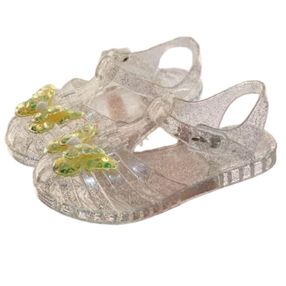 Xfvqtps Girls Jelly Shoes Transparent Crystal Sandals Sequin Butterfly Buckle Strap Close Toe Hollow out Summer Princess Comfortable Beach Shoes