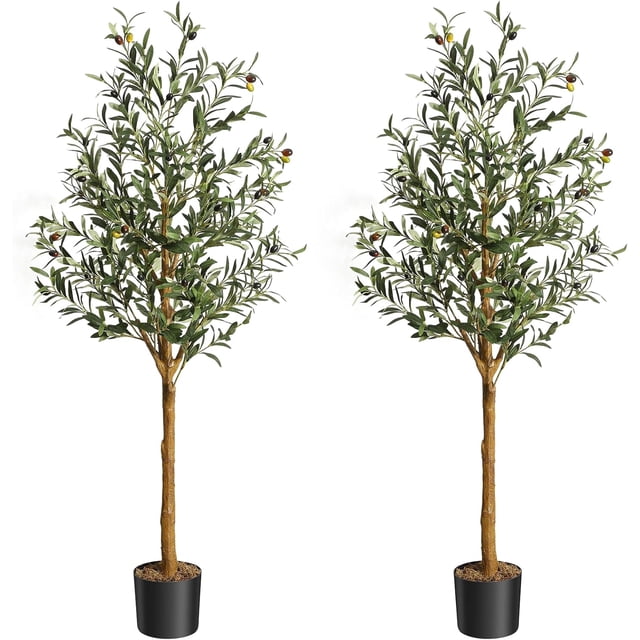 Qinaqin Two Piece 5FT (60in) Artificial Silk Oliva Trees para Oficina en Casa y Living Sala de Profundidadcor Indoor Fake Potted Tree con Natural Madera Trunk Lifelike Fruits