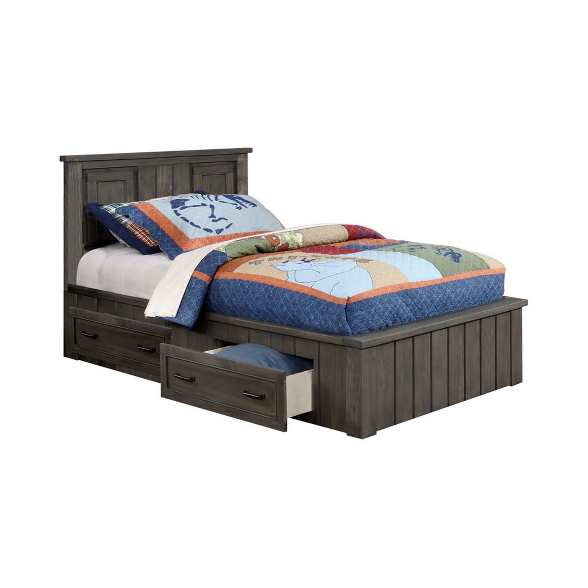 Transitional Style Wooden Full Bed with Bottom Side Drawers, Gray