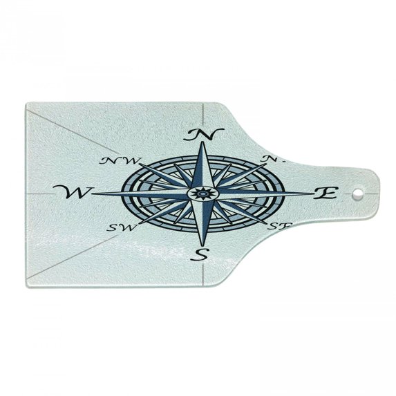 Compass Cutting Board, Sea Color Themed Voyage Windrose Discovery Marine Design Work of Art, Decorative Tempered Glass Cutting and Serving Board, Wine Bottle Shape, Blue Pale Blue Black, by Ambesonne