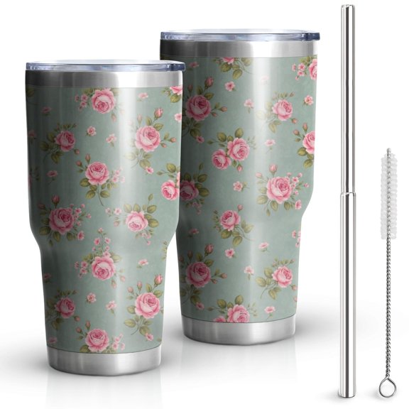 30oz Pioneer Flower Floral Print Pattern Tumbler, Double Wall Vacuum Insulated Cup, BPA-Free Leak Proof Lid & Reusable Straws, Hot 12h, Cold 34h
