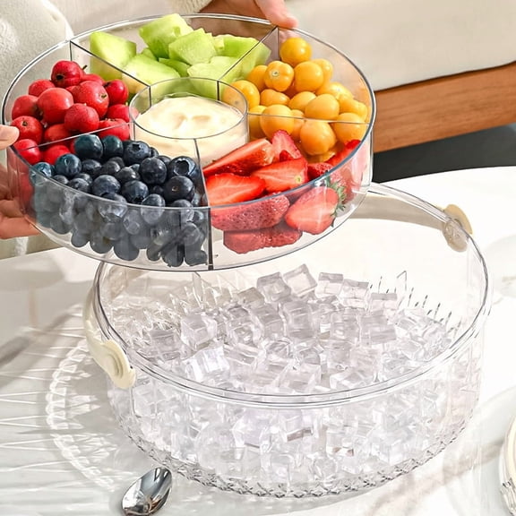 Fmxomd Ice Chilled 5 Compartment Condiment Server Caddy Round Serving Tray Container with Handle and Lid - for Shrimp Fruits Vegetables Salads - Clear Condiment Tray