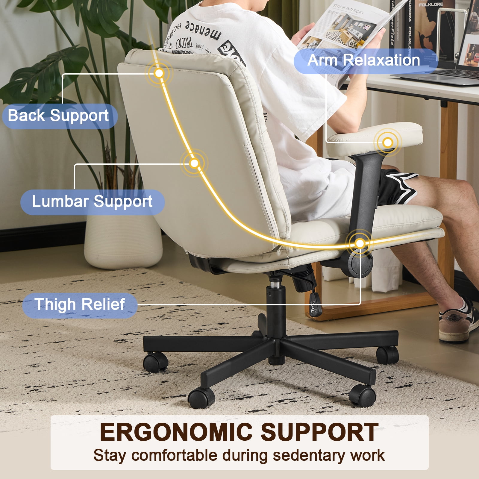 Falvinoryn 25.6" Wide Seat Office Chair, High Back Ergonomic Task Chair with Padded Adjustable Armrests and Double Cushion, Swivel Home Office Desk Chair for Office, Bedroom (Off-white)