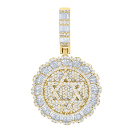 925 Sterling Silver Yellow-tone Mens Baguette Round Cubic-Zirconia Star Of David Symbol Religious Pendant