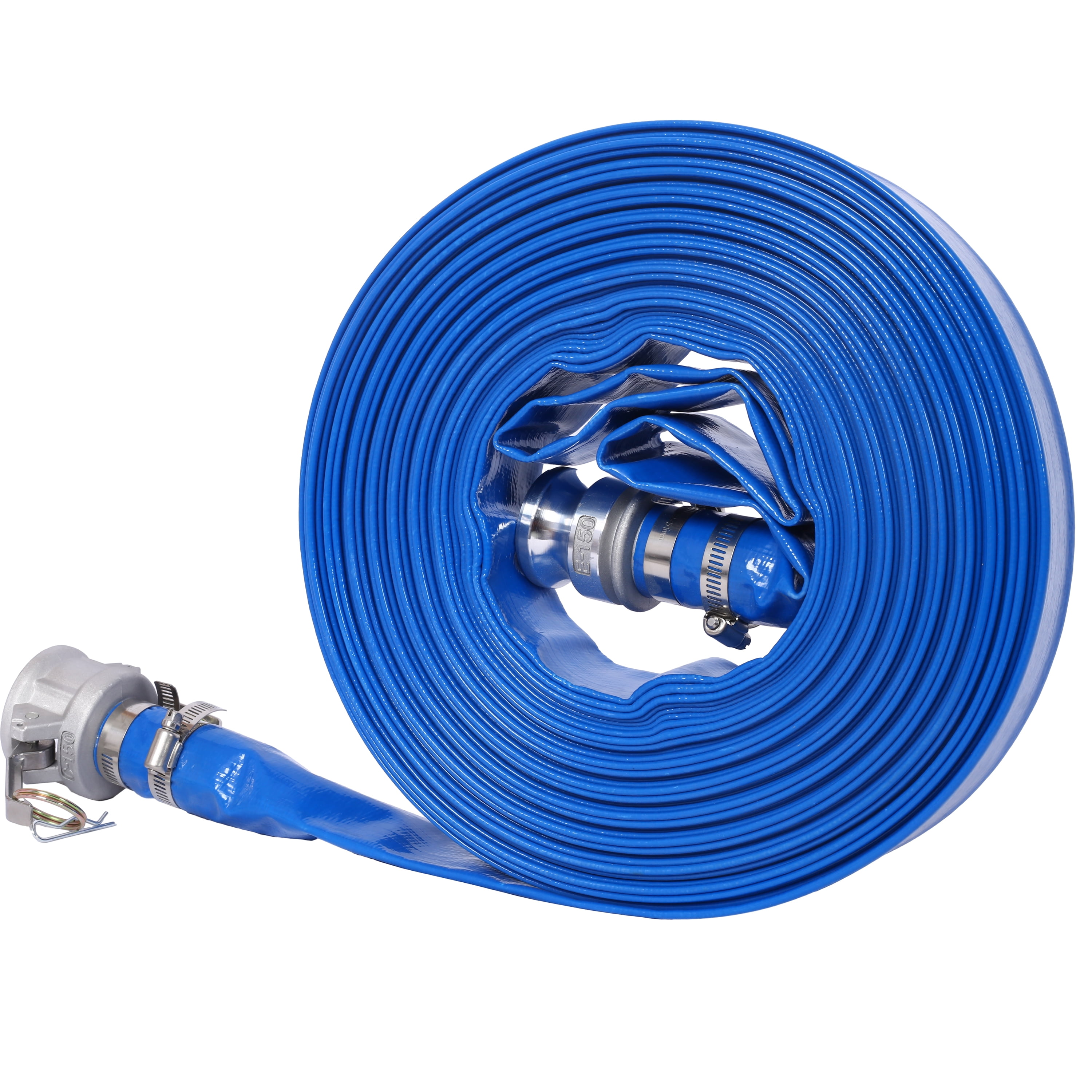 , 2"X100FT Pool Backwash Hose, Heavy Duty Reinforced Blue PVC Lay Flat Water Discharge Pump Hoses For Swimming Drain Pools and Clean Filters, with Aluminum Camlock C and E Fittings, Blue ,Pvc ,