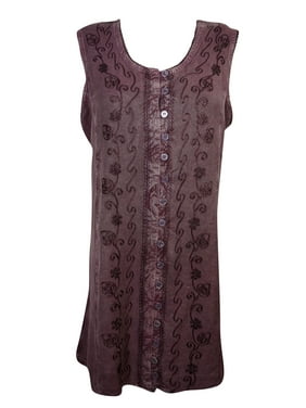 Mogul Womens Stonewashed Shift Dress Maroon Embroidered Button Front Sleeveless Tank Dresses