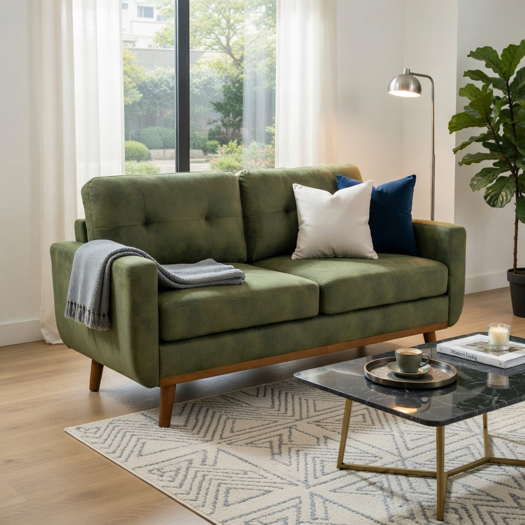 Hommoo 65" Mid-Century Modern Two-Seater Sofa, Breathable Polyester Fabric, Solid Wood Legs, Tool-Free Assembly, Olive Green