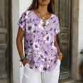 thumbnail image 2 of Vintage Floral V-Neck Tunic Tops for Women - Short Sleeve Button Detail Casual Blouse, Loose Fit Cotton-Linen Look Pullover Shirt for Summer & Vacation Purple M, 2 of 6