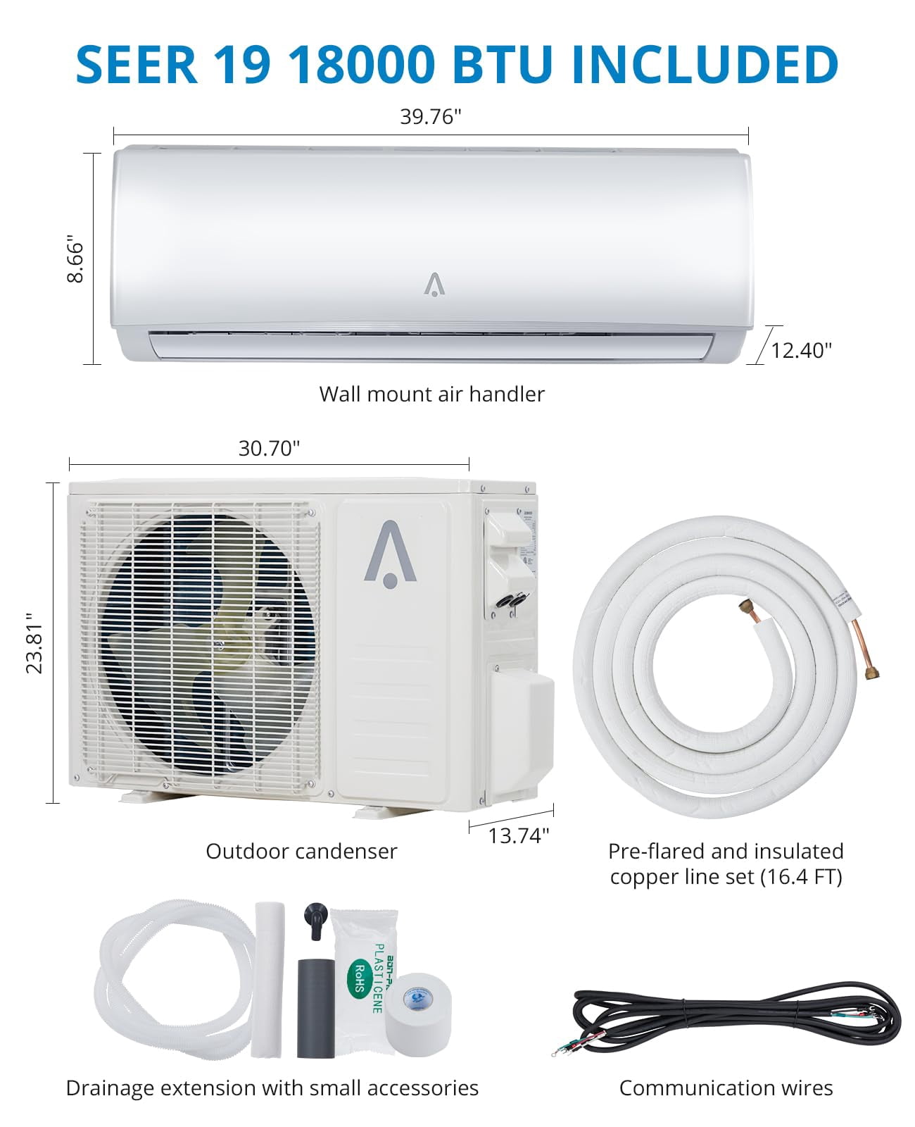 Towallmark 24000 BTU Smart Mini Split AC/Heating System 19 SEER Split Inverter Air Conditioner with Pre-Charged Heat Pump & Installation Kit, Cools Rooms up to 1500 Sq. Ft