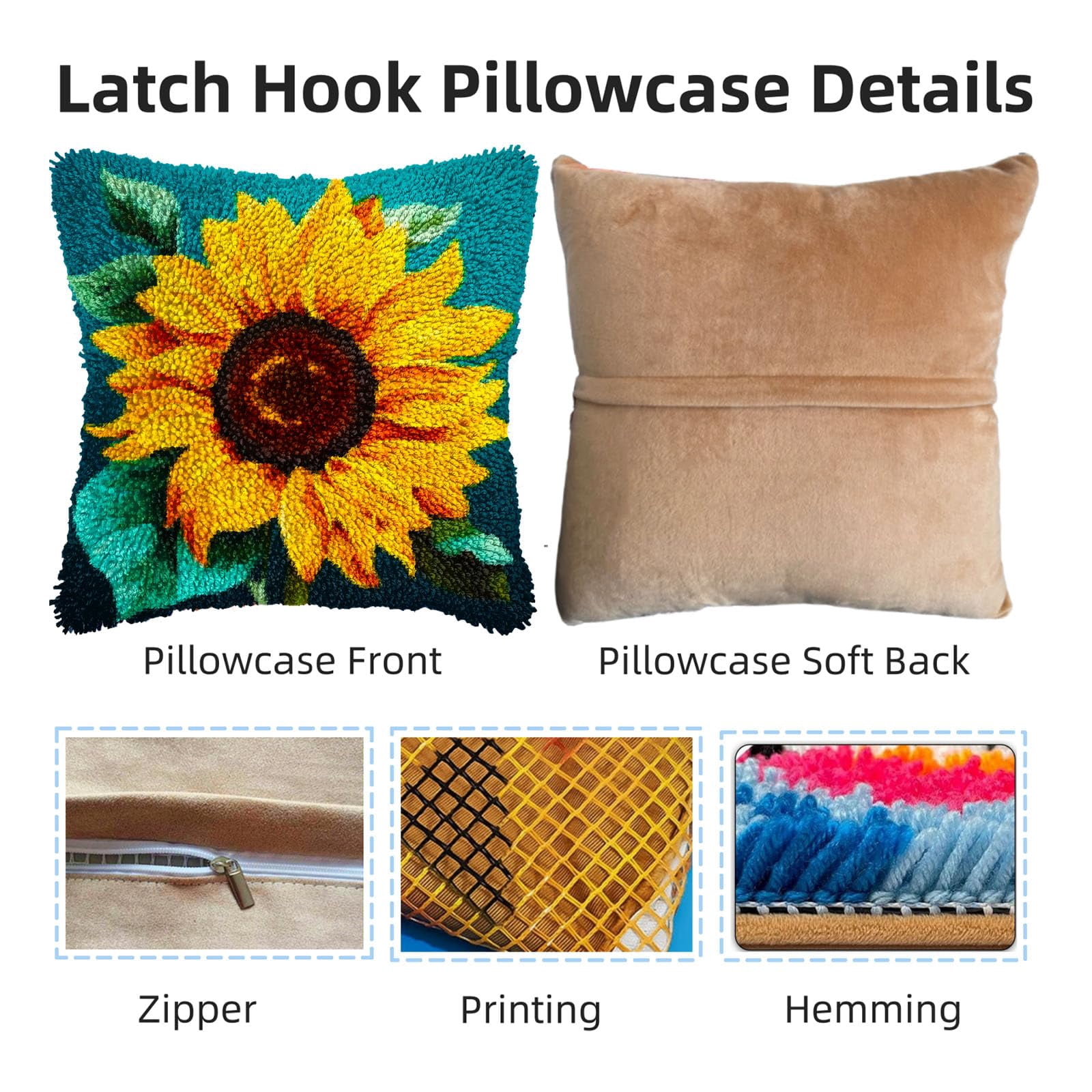 A Sunflower DIY Latch Hook Pillow Kits for Adults Printed Pillowcase Crochet Yarns Hooking Handmade Pillow Cover Cushion for Home Sofa Decoration 17x17inch