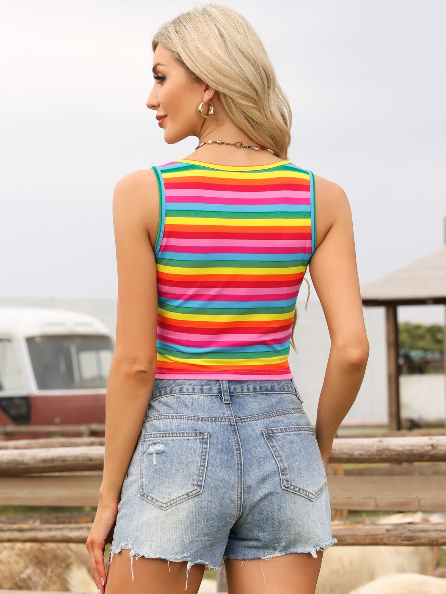 DARING DIVA Women's Striped Tank Tops Square Neck Slim Fit Sleeveless Crop Top L Rainbow
