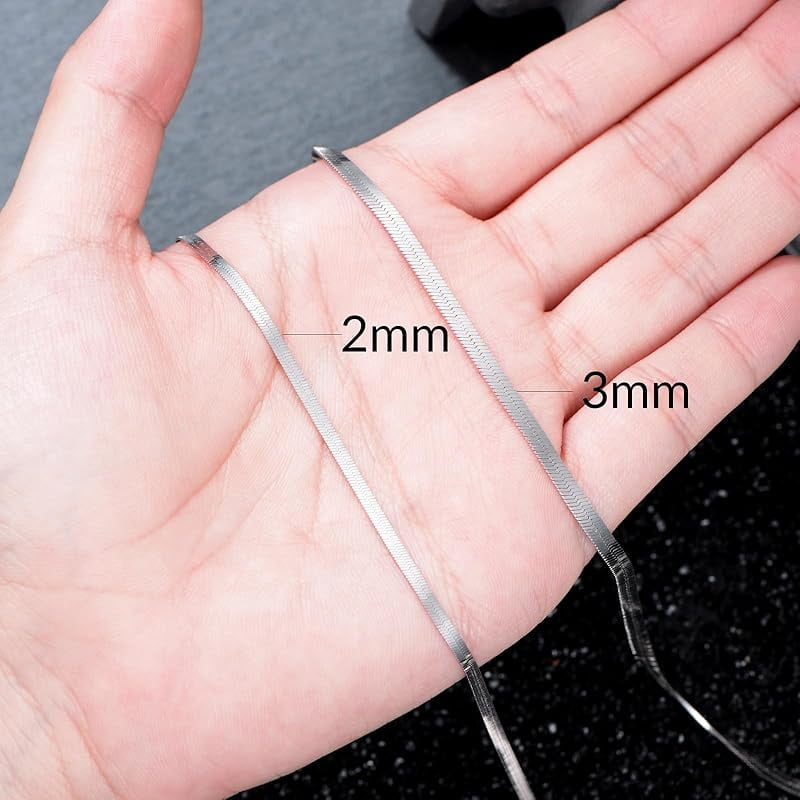 925 Sterling Silver Herringbone Chain 2MM 3MM Flexible Flat Italian Snake Chain Necklace for Women Men 18, 20, 22, 24, 26 Inches