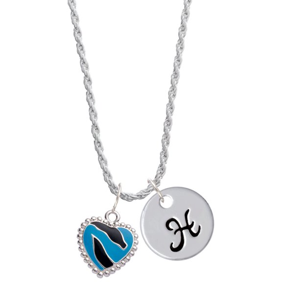 Delight Jewelry Silvertone Hot Blue Zebra Print Heart Silvertone Script Initial Disc - H - Charm Necklace, 20"+3"