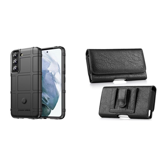 Bemz Rugged Shield [Shockproof] Heavy Duty Protection Case (Black) Bundled with Coin Wallet Phone Carrying Pouch Belt Holster (Horizontal) for Samsung Galaxy S22