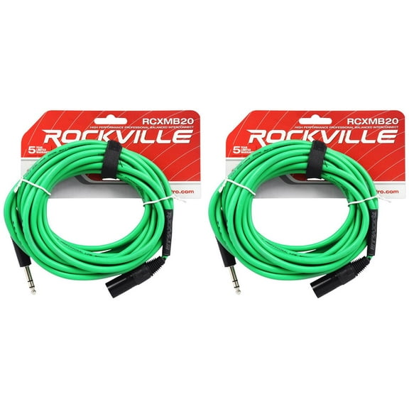 2 Rockville RCXMB20-G Green 20' Male REAN XLR to 1/4'' TRS Balanced Cables