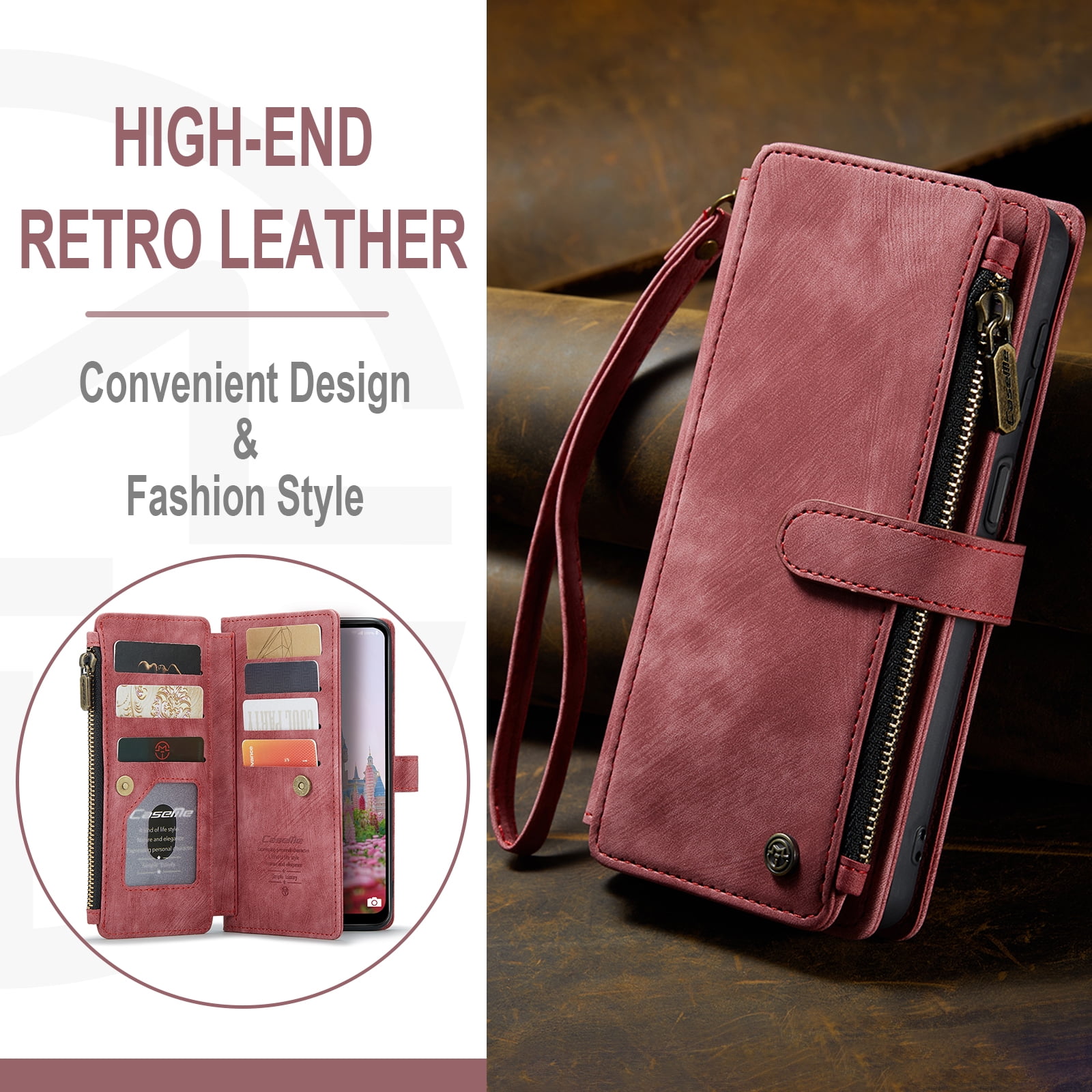 Dteck Wallet Case for Samsung Galaxy S25 Ultra,Magnetic Retro Leather Case Flip Folio Zipper Purse with Card Holder Slot Kickstand Shockproof Phone Cover for Samsung Galaxy S25 Ultra 5G,Red