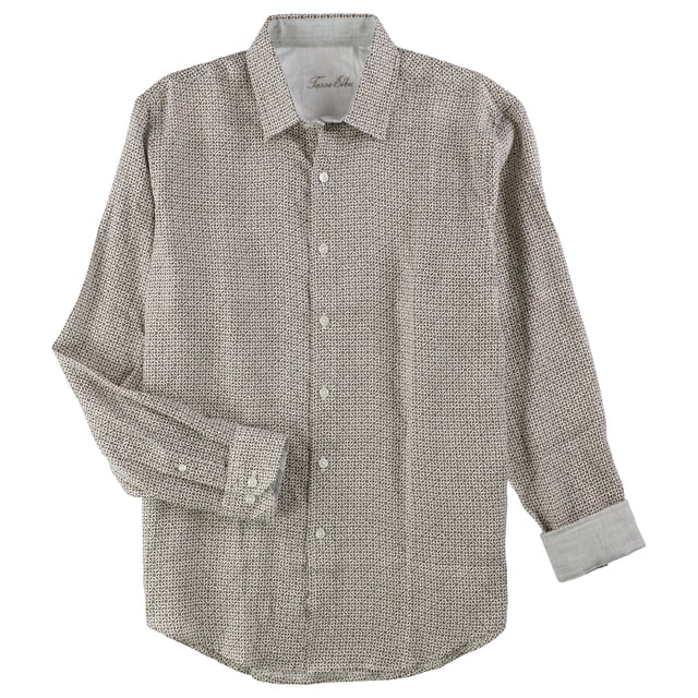 Tasso Elba Mens Scroll Tile Button Up Shirt, White, Small