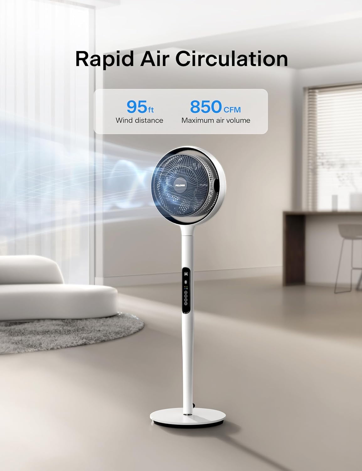 Pelonis Adjustable Pedestal Fan, 9 Speed, Oscillation, Quiet, Smart, Remote, 50-53.5", White