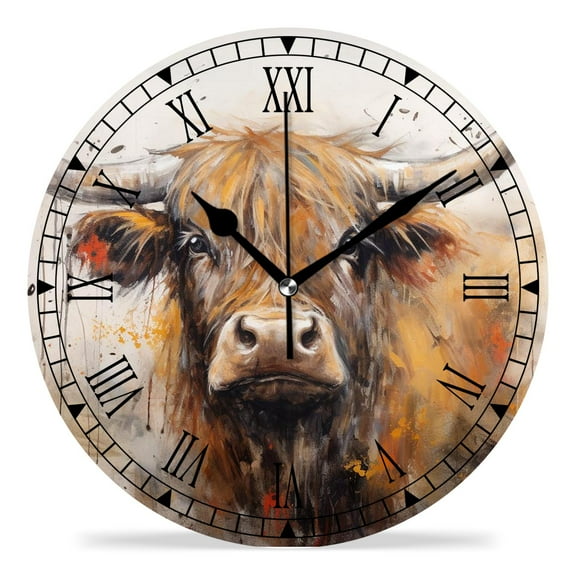 erolrail Rustic Wall Clock,Silent Non Ticking Wall Clocks for Living Room,Bedroom,Kitchen 12IN Watercolor Highland Cow Beautiful
