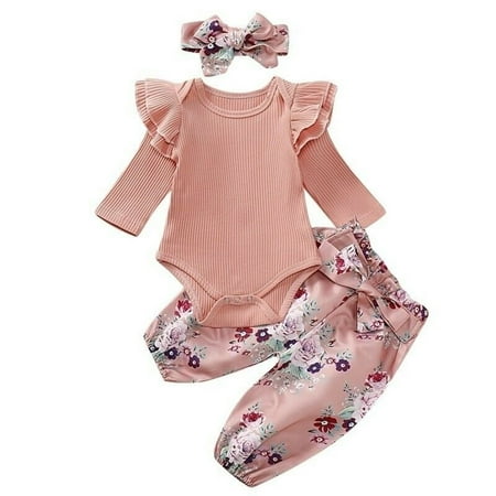 

ZOELNIC Infant Baby Girl Clothes Long Sleeve Ruffle Romper Bodysuit Floral Halen Pants Headband Outfits (Pink 0-3 Months)