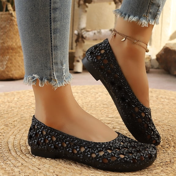 Women Hand Woven Hollow Slip-on Flat Shoes, Breathable Cutout Closed Toe Casual Walking Flats, Non-slip Lightweight Summer Daily Loafers, 4 Colors Available